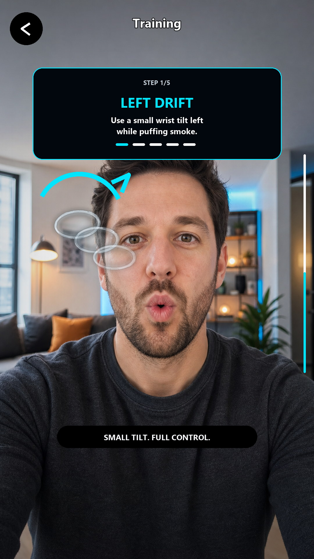 SmokeBreaker training mode showing phone tilt direction controls